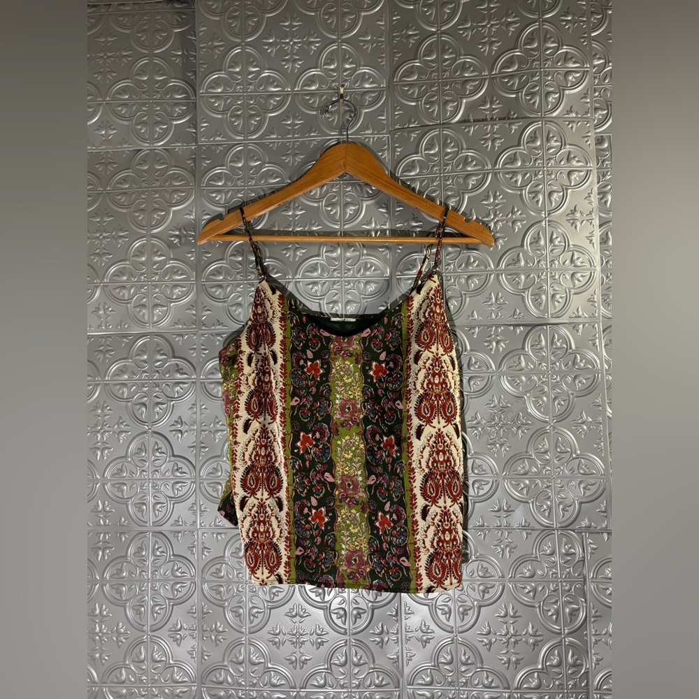 Joie green floral sleeveless crop tank size large spring hippy boho silk